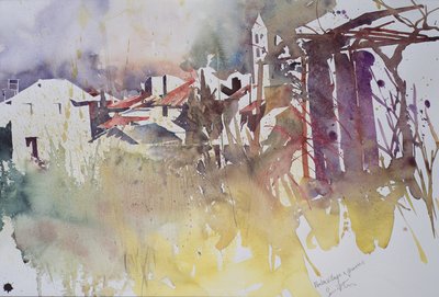 Vinterby och gräs, Frankrike, 2008 (akvarell) av Simon Fletcher