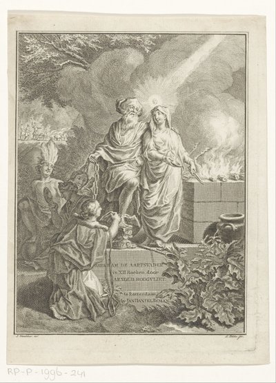 Allegorisk titelsida med patriarken Abraham och sanningen Titelsida för: Arnold Hoogvliet, patriarken Abraham, i XII Boeken, s.a. av Simon Fokke