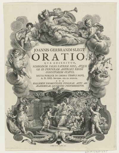 Minerva lauwert een jongeman met bul Titelsida för: J.G. Slegt, Oration där det hävdas att Nimrod falskeligen är far till Nina (...), 1747 av Simon Fokke