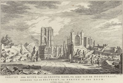 Ruinen av den stora kyrkan i Bergen op Zoom, 1748 Utsikt över ruinerna av Groote Kerk, sett från Hoogstraat, från Bospoort, i Bergen op den Zoom (titel på objekt) Tio ansikten av ruinerna efter belägringen och förstörelsen av Bergen op Z av Simon Fokke