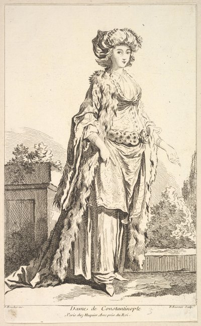 Damen av Konstantinopel, från Recueil de olika utländska figurer Uppfunnen av ..., 1700-talet. av Simon Francois Ravenet