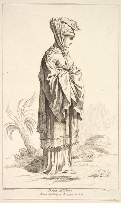 Dona Mitilena, från Samling av olika utländska figurer Uppfunnen av F. Bouche..., 1700-talet. av Simon Francois Ravenet