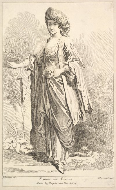 Levantens kvinna, från Samling av olika utländska figurer Uppfunnen av F. Bouc..., 1700-talet. av Simon Francois Ravenet