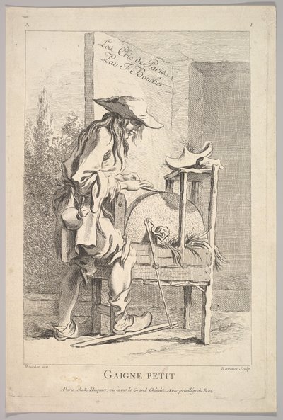 Frontispice: Gaigne Petit, från Le Cris de Paris The Cries of Paris, skylt 1, 1700-talet. av Simon Francois Ravenet