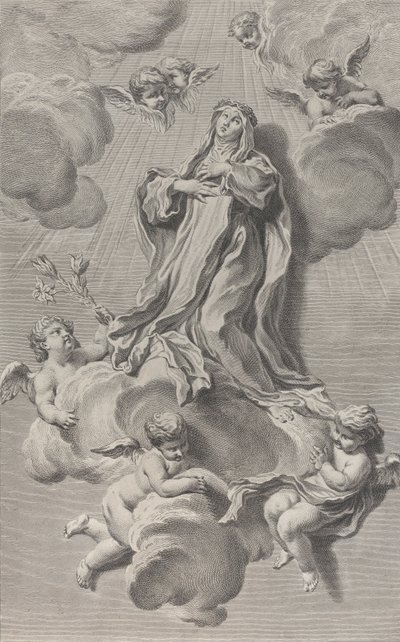 Den heliga Katarina av Sienas extas, knästående på ett moln som bärs av änglar, en av ..., 1729-40. av Simon Francois Ravenet