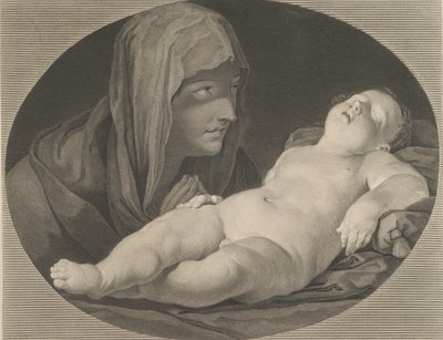 Jungfrun i bön, tittar på det sovande spädbarnet Kristus, i en oval ram, efter Reni,..., 1765. av Simon Francois Ravenet
