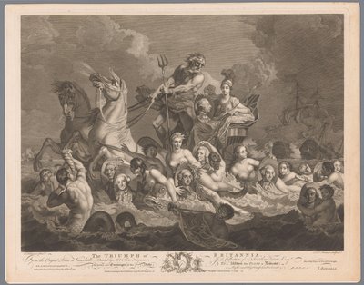 Allegori om den brittiska flottan och segern över den franska flottan The Triumph of Britannia (titel på objekt) av Simon François Ravenet (le vieux)