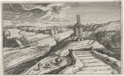 Kuperat landskap med en väderkvarn Olika landskap (serietitel) Topographia variarum regionum (serietitel) av Simon Frisius (attributed to)