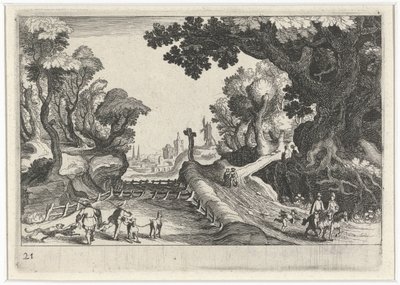 Skogslandskap med ett kors längs en stig Sydeuropeiska landskap (serietitel) Topographia variarum regionum (serietitel) av Simon Frisius