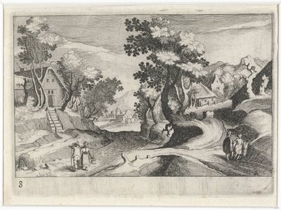 Skogbevuxet kuperat landskap med byggnader och figurer Sydeuropeiska landskap (serietitel) Topographia variarum regionum (serietitel) av Simon Frisius