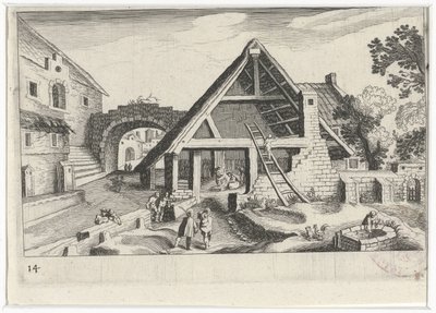 Byutsikt med den heliga familjen Sydeuropeiska landskap (serietitel) Topographia variarum regionum (serietitel) av Simon Frisius