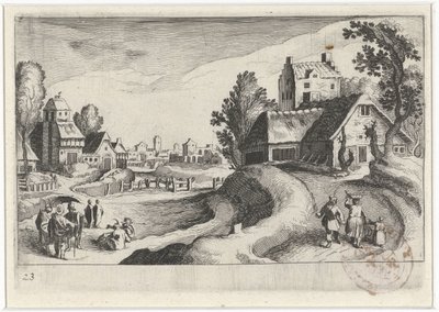 Bybild med en bondgård av Simon Frisius
