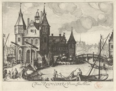 Vy över Eerste Regulierspoort i Amsterdam av Simon Frisius