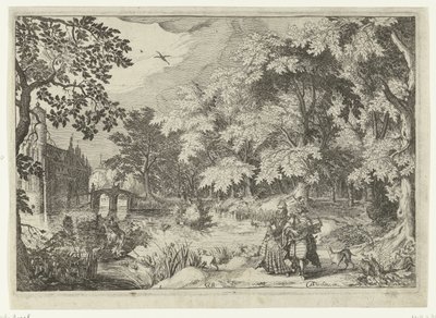 Utsikt över en skog med slottet Loenersloot Landskap med figurer (serietitel) av Simon Frisius