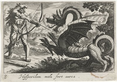 Herkules dödar draken Ladon Hesperidum mala fert aurea (titel på objekt) Herculean Themes (serietitel) av Simon Frisius