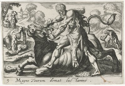 Hercules i strid med Achelous Han tämjer en stor tjur genom brottning (titel på föremål) Herculische teman (serietitel) av Simon Frisius
