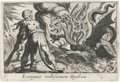 Hercules kämpar mot Lernas hydra Extinguit multiform Hydram (titel på objekt) Herculean Themes (serietitel) av Simon Frisius