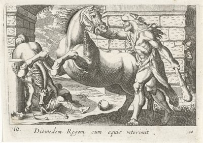 Hercules temt de paarden van Diomedes Diomedes the King med hästar (titel på objekt) Herculische teman (serietitel) av Simon Frisius