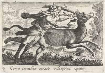 Hercules vangt de Hind van Cerynea Ett rådjur med guldhorn fångas mycket snabbt (titel på objekt) Herculische teman (serietitel) av Simon Frisius