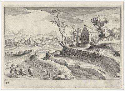 Kuperat landskap med kapell Sydeuropeiska landskap (serietitel) Topographia variarum regionum (serietitel) av Simon Frisius