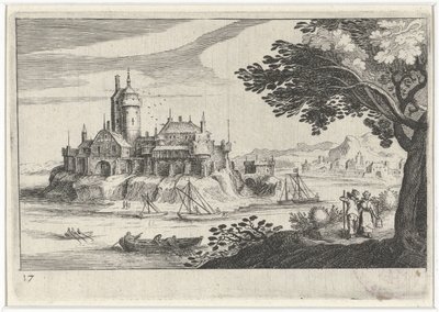 Kuperat landskap med ett slott på en ö Sydeuropeiska landskap (serietitel) Topographia variarum regionum (serietitel) av Simon Frisius