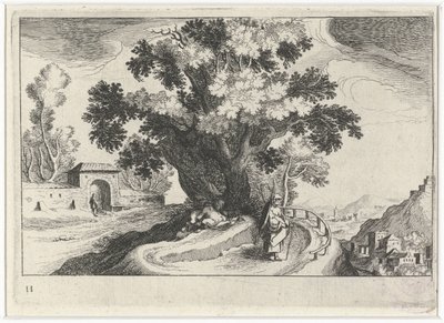 Kuperat landskap med att älska under ett träd Sydeuropeiska landskap (serietitel) Topographia variarum regionum (serietitel) av Simon Frisius