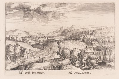 Kuperat landskap med tre par, från Topographia Variarum Regionum av Simon Frisius