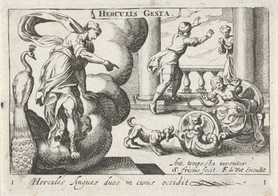 Jonge Hercules wurgt twee slangen Hercules dödar två ormar i sina vaggor (titel på objekt) Herculische teman (serietitel) Hercules (serietitel på objekt) av Simon Frisius