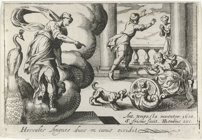 Jonge Hercules wurgt twee slangen Hercules dödar två ormar i sina vaggor (titel på objekt) Herculische teman (serietitel) av Simon Frisius