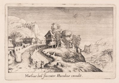 Landskap med en stig uppför ett berg genom en by, från Topographia Variarum Regionum av Simon Frisius
