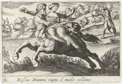 Nessus försöker skaka Deïanira te Dianiras bindning tas bort från mitten (titel på objekt) Herculische teman (serietitel) av Simon Frisius