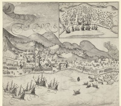 Holländarnas seger över portugiserna vid Tidore (högra bilden), 1605 av Simon Frisius