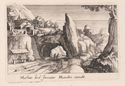 Par av figurer som går under en klippbro, från Topographia Variarum Regionum av Simon Frisius