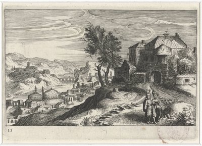 Floddal med byggnader Sydeuropeiska landskap (serietitel) Topographia variarum regionum (serietitel) av Simon Frisius