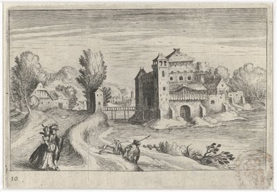 Flodlandskap med ett slott Sydeuropeiska landskap (serietitel) Topographia variarum regionum (serietitel) av Simon Frisius