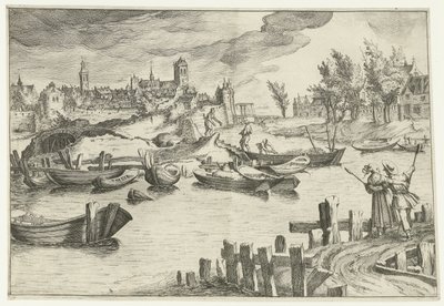 Flodlandskap med en stad i bakgrunden Landskap med figurer (serietitel) av Simon Frisius