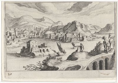 Stadsbild i en floddal Sydeuropeiska landskap (serietitel) Topographia variarum regionum (serietitel) av Simon Frisius