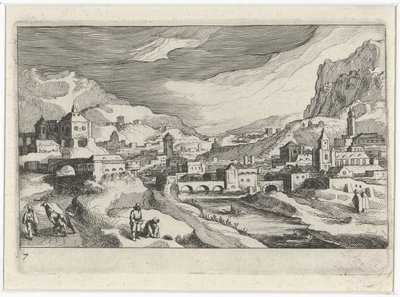 Stadsbild i en floddal Sydeuropeiska landskap (serietitel) Topographia variarum regionum (serietitel) av Simon Frisius