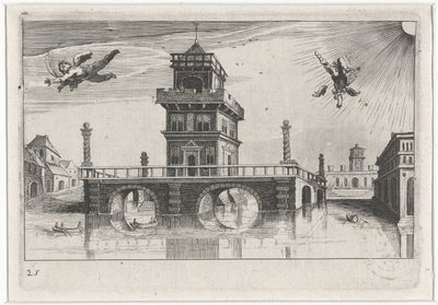 Stadsbild med Ikaros och Daedalus Sydeuropeiska landskap (serietitel) Topographia variarum regionum (serietitel) av Simon Frisius