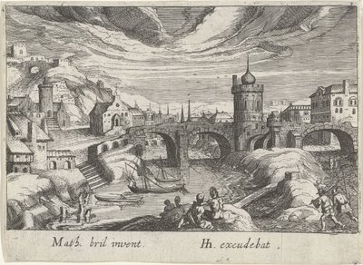 Stadsbild med en flod Olika landskap (serietitel) Topographia variarum regionum (serietitel) av Simon Frisius