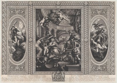 En allegorisk scen som visar fördelarna med James regeringstid i centrum, Wise Government tramp..., 1720. av Simon Gribelin