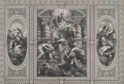 James I utnämnde Karl till kung av Skottland i centrum, Minerva spetsade okunnighet vid ri..., 1720. av Simon Gribelin