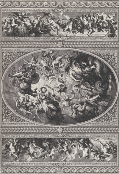 James I:s apoteos i en oval i mitten, friser med putti och girlander på antingen ..., 1720. av Simon Gribelin