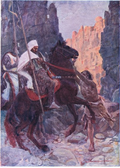 En lång man klädd i getskinn sprang in i mitten av stigen och tog tag i en av saracenens tyglar i båda händerna. av Simon Harmon Vedder