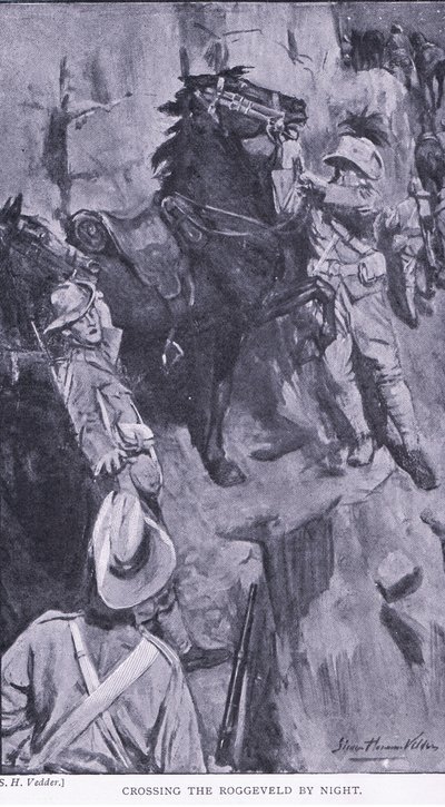 Crossing the Roggeveld by night, från After Pretoria: The Guerilla War publicerad av Harmsworth Brothers Limited, 1901 av Simon Harmon Vedder