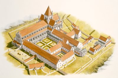 Flygfoto över Byland Abbey (akvarell på papper) av Simon Hayfield
