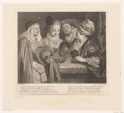 Gezelschap av fem skådespelare vid en bröstvärn The Coquettes Verk av Antoine Watteau (serietitel) Verk av Antoine Watteau, kungens målare i hans Royal Academy of Painting and Sculpture (...) (serietitel) av Simon Henri Thomassin