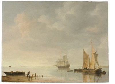 Kustscen med fartyg som vilar på lugna vatten av Simon Jacobsz. Vlieger
