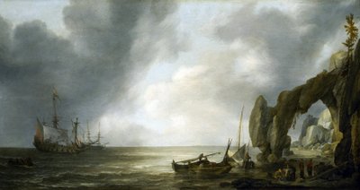 Holländska krigsfartyg ankrar utanför en klippig kust, några besättningsmän landar på stranden, samlade runt fiskekorgar av Simon Jacobsz. Vlieger