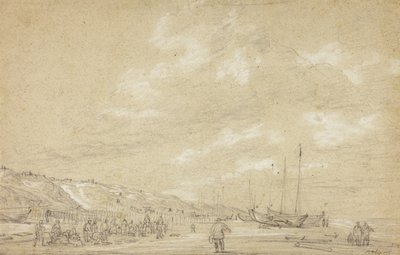Fiskare som torkar nät på Scheveningen Beach av Simon Jacobsz. Vlieger